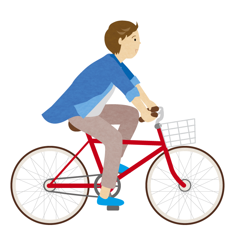 赤い自転車に乗る男性