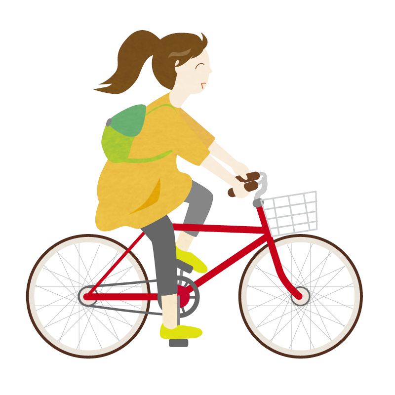 赤い自転車に乗る女性